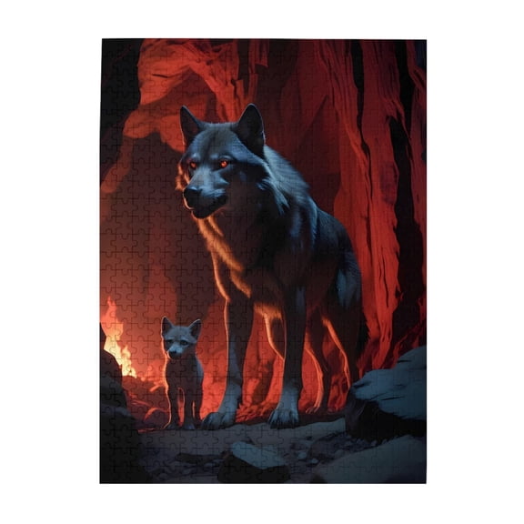 500-Piece Wooden Jigsaw Puzzle for Adults - Wolf Cub Cave Rocks Fire , Fun & Relaxing Family Game, No-Dust Interlocking Pieces, Perfect Wall Decor & Holiday Gift