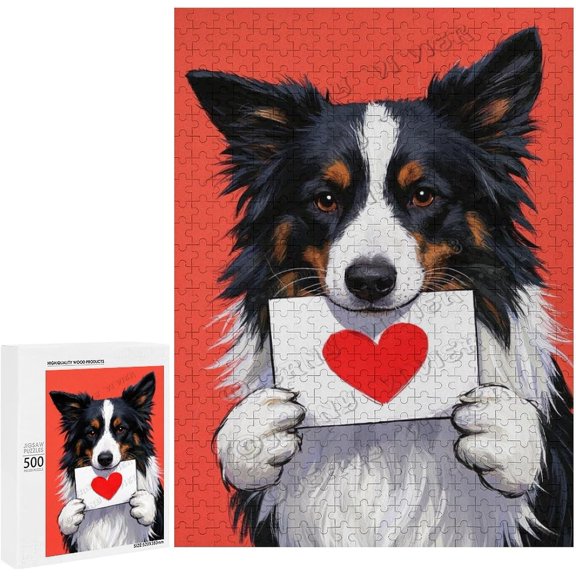 500 Piece Wooden Jigsaw Puzzle Border Collie with Heart Love Theme for Adults Challenging Brain Teaser, Difficult Puzzles for Dog Lovers, Gift for Animal Lovers, Finished Size 15 x 21 Inches