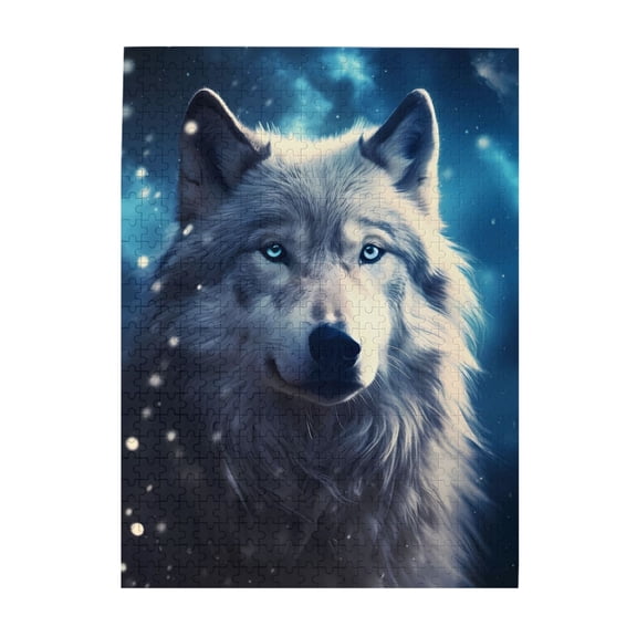 500-Piece Wooden Jigsaw Puzzle for Adults - Arctic Wolf Blue Eyes Night , Fun & Challenging Brain Teaser, Stylish Home Decor & Unique Gift