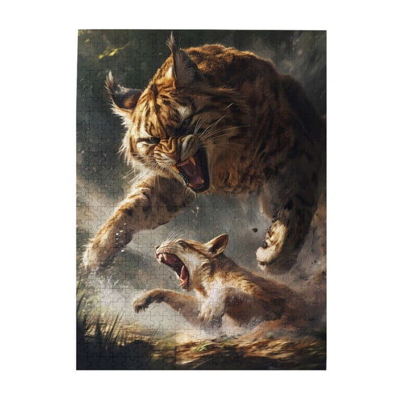 500-Piece Wooden Jigsaw Puzzle for Adults - Bobcat Predator Wilderness Battle , Interlocking Pieces with Guide Letters, Holiday Gift & Home Decor