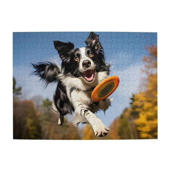 500-Piece Wooden Jigsaw Puzzle for Adults - Border Collie Disc Fetching Sky , Challenging Family Art Project, Unique Home Wall Decor Gift