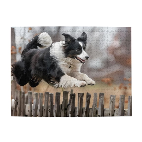 500-Piece Wooden Jigsaw Puzzle for Adults - Border Collie Jumping Fence , Challenging Family Art Project, Unique Home Wall Decor Gift