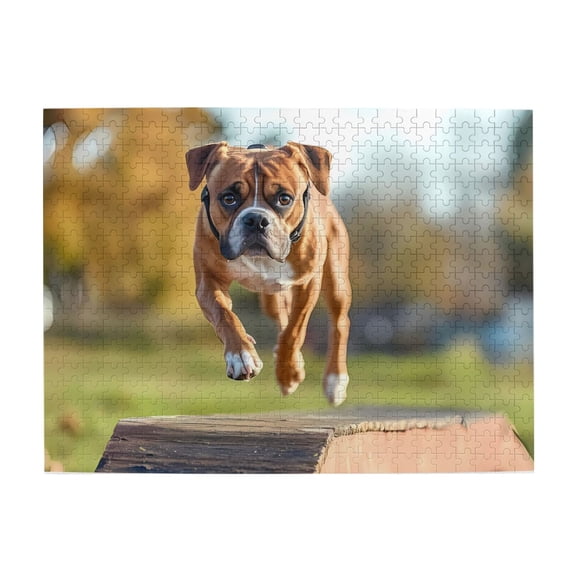 500-Piece Wooden Jigsaw Puzzle for Adults - Boxer Jumping Outdoor Agility , Interlocking Pieces with Guide Letters, Holiday Gift & Home Decor