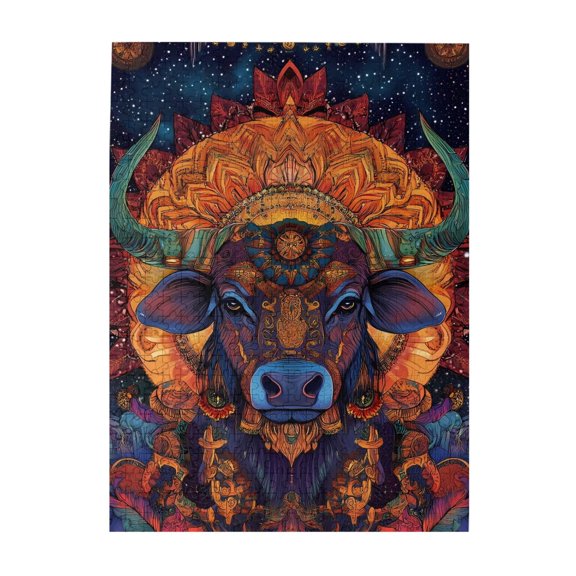 500-Piece Wooden Jigsaw Puzzle for Adults - Bull Mandala Starry Sky Mystic , Interlocking Pieces with Guide Letters, Holiday Gift & Home Decor
