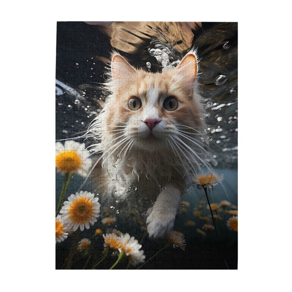 500-Piece Wooden Jigsaw Puzzle for Adults - Cat Underwater Bubbles Daisies , Fun & Challenging Brain Teaser, Stylish Home Decor & Unique Gift