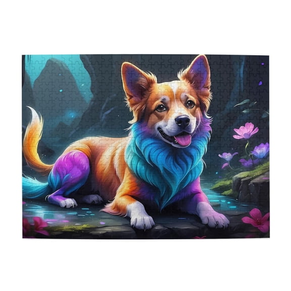 500-Piece Wooden Jigsaw Puzzle for Adults - Colorful Furry Dog, Magical River , Interlocking Pieces with Guide Letters, Holiday Gift & Home Decor