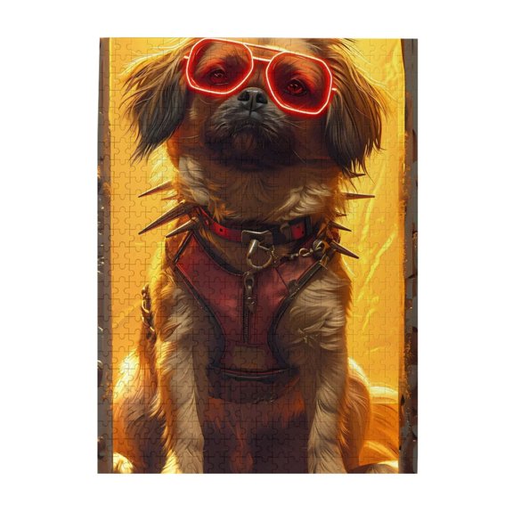 500-Piece Wooden Jigsaw Puzzle for Adults - Cool Dog Sunglasses Leather Harness , Interlocking Pieces with Guide Letters, Holiday Gift & Home Decor