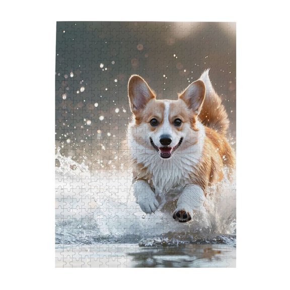 500-Piece Wooden Jigsaw Puzzle for Adults - Corgis Running Water Splash , Interlocking Pieces with Guide Letters, Holiday Gift & Home Decor