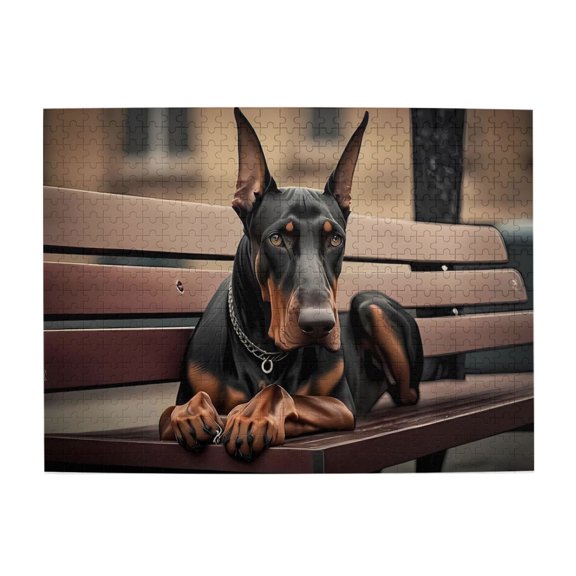 500-Piece Wooden Jigsaw Puzzle for Adults - Doberman On Bench Urban Scene , Interlocking Pieces with Guide Letters, Holiday Gift & Home Decor