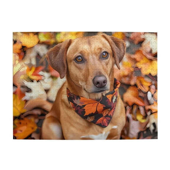 500-Piece Wooden Jigsaw Puzzle for Adults - Dog Autumn Leaves Bandana , Interlocking Pieces with Guide Letters, Holiday Gift & Home Decor