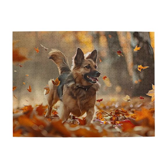 500-Piece Wooden Jigsaw Puzzle for Adults - Dog Autumn Leaves Forest Run , Fun & Challenging Brain Teaser, Stylish Home Decor & Unique Gift