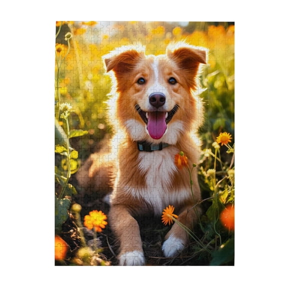 500-Piece Wooden Jigsaw Puzzle for Adults - Dog Flower Meadow Sunlight , Fun & Challenging Brain Teaser, Stylish Home Decor & Unique Gift