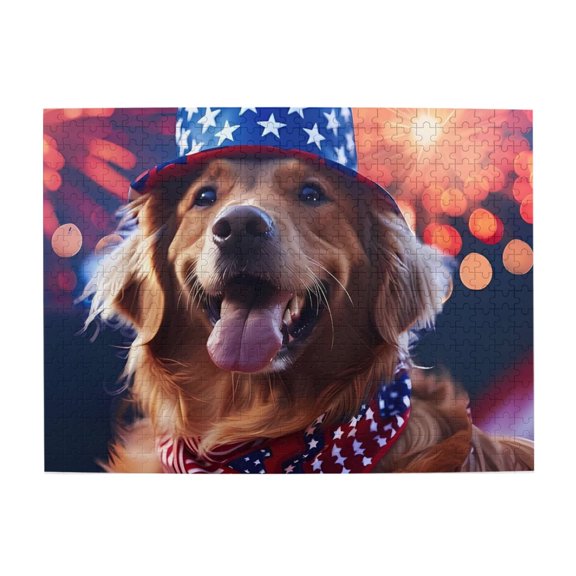 500-Piece Wooden Jigsaw Puzzle for Adults - Dog Hat Patriotic Stars Stripes , Interlocking Pieces with Guide Letters, Holiday Gift & Home Decor