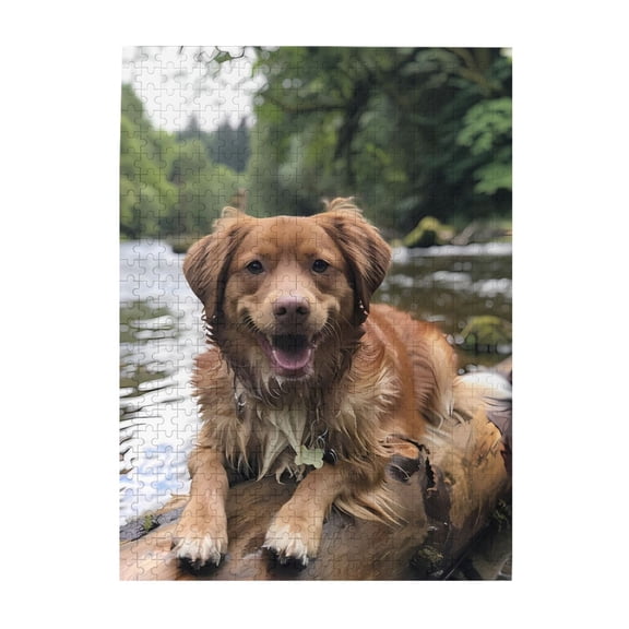 500-Piece Wooden Jigsaw Puzzle for Adults - Dog In River Forest Log , Fun & Challenging Brain Teaser, Stylish Home Decor & Unique Gift