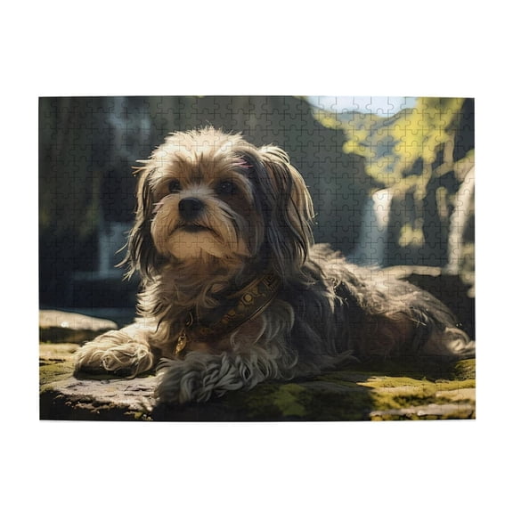500-Piece Wooden Jigsaw Puzzle for Adults - Dog Mossy Stone Waterfall , Interlocking Pieces with Guide Letters, Holiday Gift & Home Decor