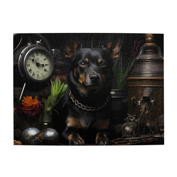 500-Piece Wooden Jigsaw Puzzle for Adults - Dog Portrait Clock Still Life , Interlocking Pieces with Guide Letters, Holiday Gift & Home Decor