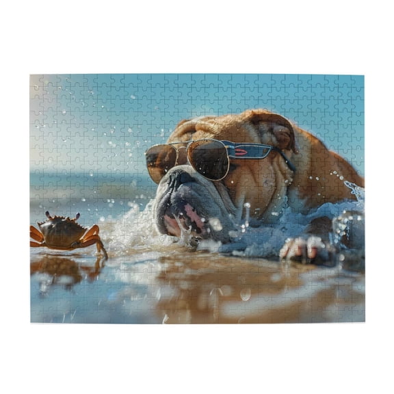 500-Piece Wooden Jigsaw Puzzle for Adults - Dog Sunglasses Beach Crab Water , Fun & Challenging Brain Teaser, Stylish Home Decor & Unique Gift