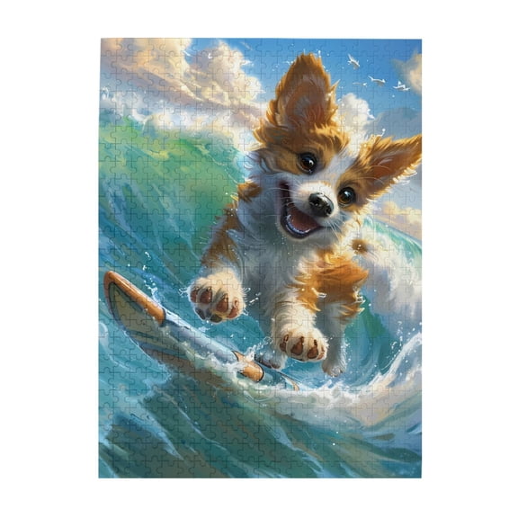 500-Piece Wooden Jigsaw Puzzle for Adults - Dog Surf Wave Ocean Sport , Interlocking Pieces with Guide Letters, Holiday Gift & Home Decor