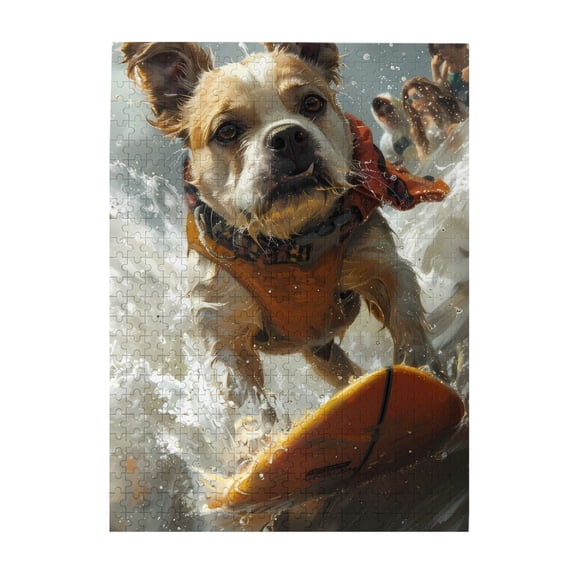500-Piece Wooden Jigsaw Puzzle for Adults - Dog Surfing Wave Ocean Board , Fun & Challenging Brain Teaser, Stylish Home Decor & Unique Gift