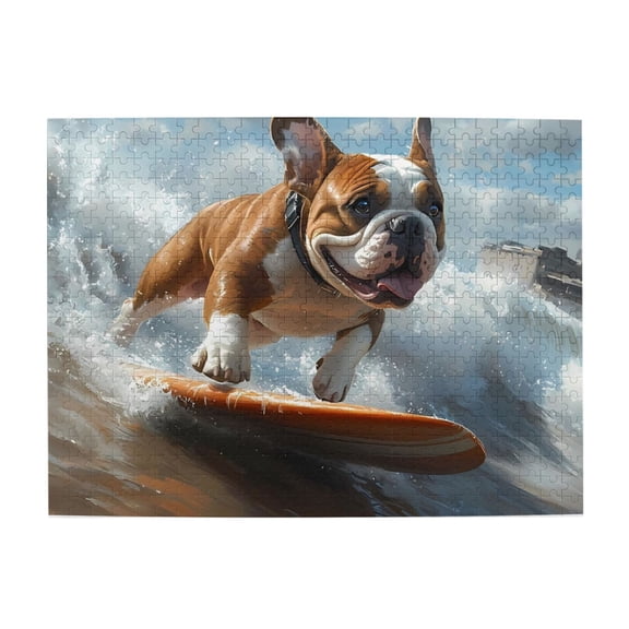 500-Piece Wooden Jigsaw Puzzle for Adults - Dog Surfing Wave Sea Sport , Challenging Family Art Project, Unique Home Wall Decor Gift