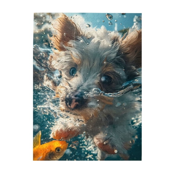500-Piece Wooden Jigsaw Puzzle for Adults - Dog Underwater Goldfish Playful , Fun & Challenging Brain Teaser, Stylish Home Decor & Unique Gift
