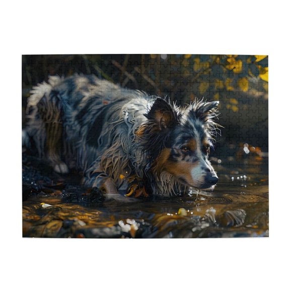 500-Piece Wooden Jigsaw Puzzle for Adults - Dog Water Reflection Leaves Calm , Interlocking Pieces with Guide Letters, Holiday Gift & Home Decor