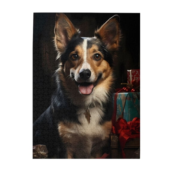 500-Piece Wooden Jigsaw Puzzle for Adults - Dog With Gifts And Red Bows , Interlocking Pieces with Guide Letters, Holiday Gift & Home Decor