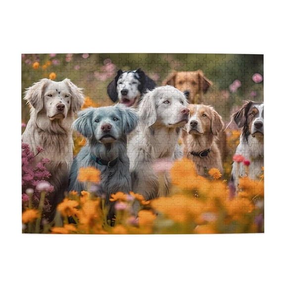 500-Piece Wooden Jigsaw Puzzle for Adults - Dogs Field Flowers Together , Fun & Challenging Brain Teaser, Stylish Home Decor & Unique Gift