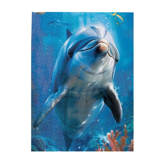 500-Piece Wooden Jigsaw Puzzle for Adults - Dolphin Underwater Fish Coral , Fun & Challenging Brain Teaser, Stylish Home Decor & Unique Gift