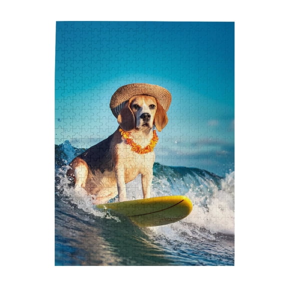 500-Piece Wooden Jigsaw Puzzle for Adults & Families - Beagle Surf Wave Ocean Hat Lei , Fun & Educational Brain-Teasing Game, Artistic Home Decor