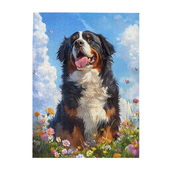 500-Piece Wooden Jigsaw Puzzle for Adults & Families - Bernese Dog Flowers Sky Clouds , Fun & Educational Brain-Teasing Game, Artistic Home Decor