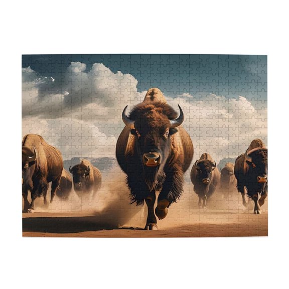 500-Piece Wooden Jigsaw Puzzle for Adults & Families - Bison Herd Desert Horizon , Fun & Educational Brain-Teasing Game, Artistic Home Decor