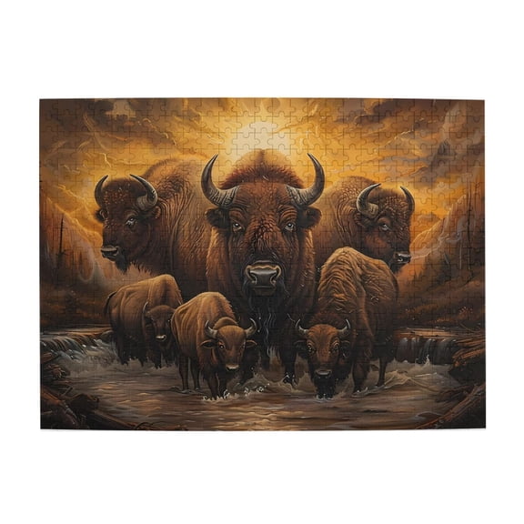 500-Piece Wooden Jigsaw Puzzle for Adults & Families - Bison Herd River Sunset , Fun & Educational Brain-Teasing Game, Artistic Home Decor