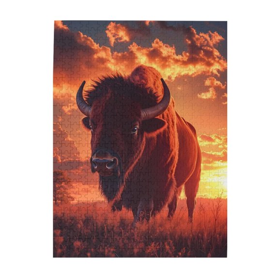 500-Piece Wooden Jigsaw Puzzle for Adults & Families - Bison Wildlife Prairie Sunset Sky , Fun & Educational Brain-Teasing Game, Artistic Home Decor