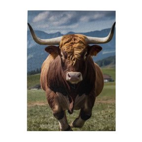 500-Piece Wooden Jigsaw Puzzle for Adults & Families - Bull Charge Field Mountains , Fun & Educational Brain-Teasing Game, Artistic Home Decor
