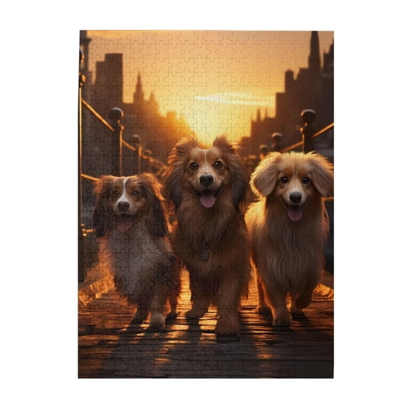 500-Piece Wooden Jigsaw Puzzle for Adults & Families - Canine Trio Sunset City Bridge , Fun & Educational Brain-Teasing Game, Artistic Home Decor