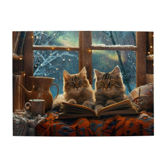 500-Piece Wooden Jigsaw Puzzle for Adults & Families - Cats Book Winter Cozy Scene , Fun & Educational Brain-Teasing Game, Artistic Home Decor