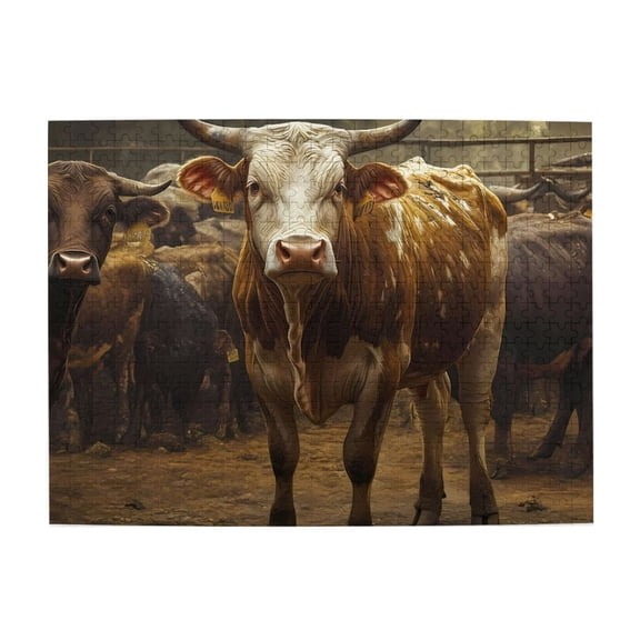 500-Piece Wooden Jigsaw Puzzle for Adults & Families - Cattle Herd Horns Ranch Farm , Fun & Educational Brain-Teasing Game, Artistic Home Decor