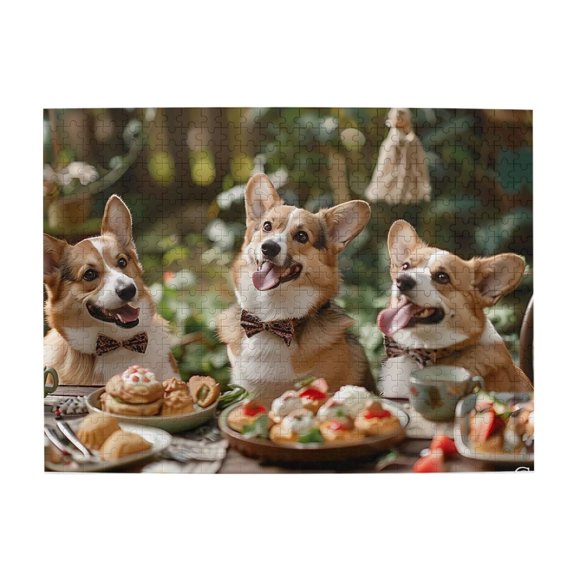 500-Piece Wooden Jigsaw Puzzle for Adults & Families - Corgis Bowties Tea Party , Fun & Educational Brain-Teasing Game, Artistic Home Decor