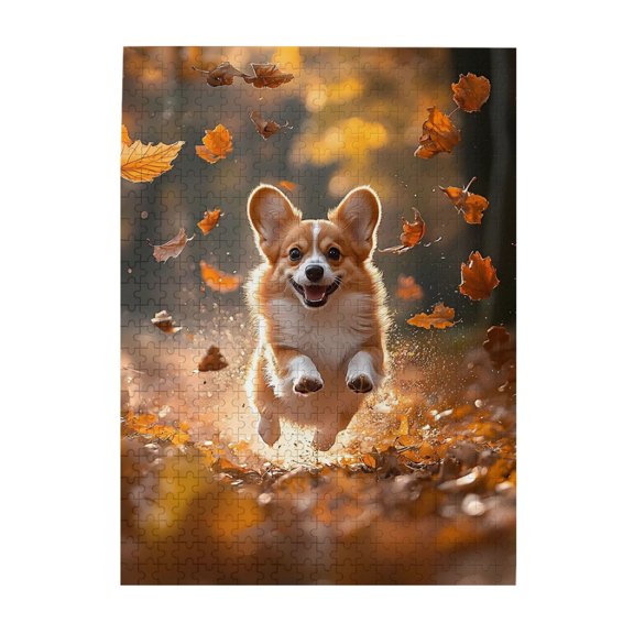500-Piece Wooden Jigsaw Puzzle for Adults & Families - Corgis Jumping Leaves Autumn , Fun & Educational Brain-Teasing Game, Artistic Home Decor