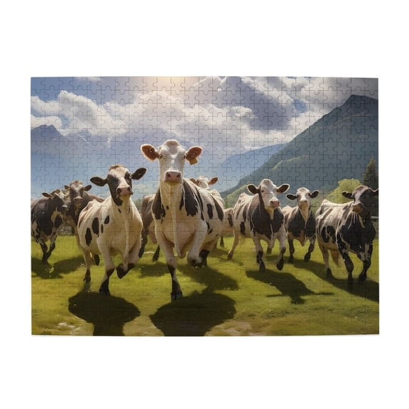 500-Piece Wooden Jigsaw Puzzle for Adults & Families - Cows Herd Meadow Mountains , Fun & Educational Brain-Teasing Game, Artistic Home Decor