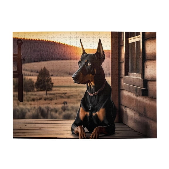 500-Piece Wooden Jigsaw Puzzle for Adults & Families - Doberman Pinscher Sunset Cabin , Fun & Educational Brain-Teasing Game, Artistic Home Decor