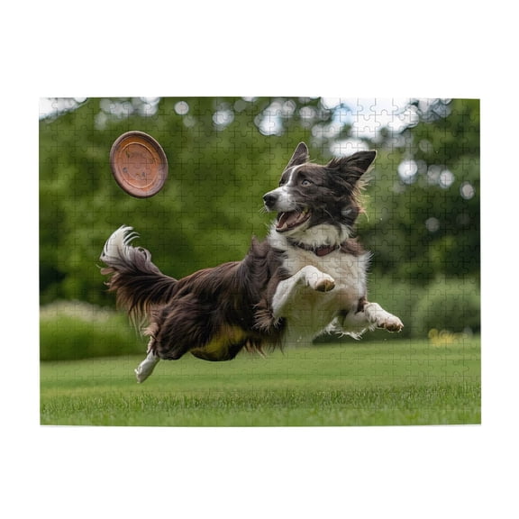 500-Piece Wooden Jigsaw Puzzle for Adults & Families - Dog Catching Disc In MidAir , Fun & Educational Brain-Teasing Game, Artistic Home Decor