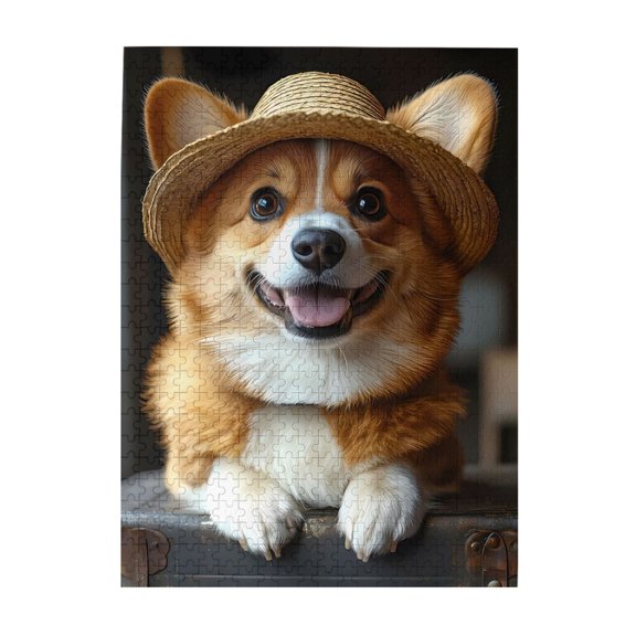 500-Piece Wooden Jigsaw Puzzle for Adults & Families - Dog Straw Hat Luggage Happy , Fun & Educational Brain-Teasing Game, Artistic Home Decor