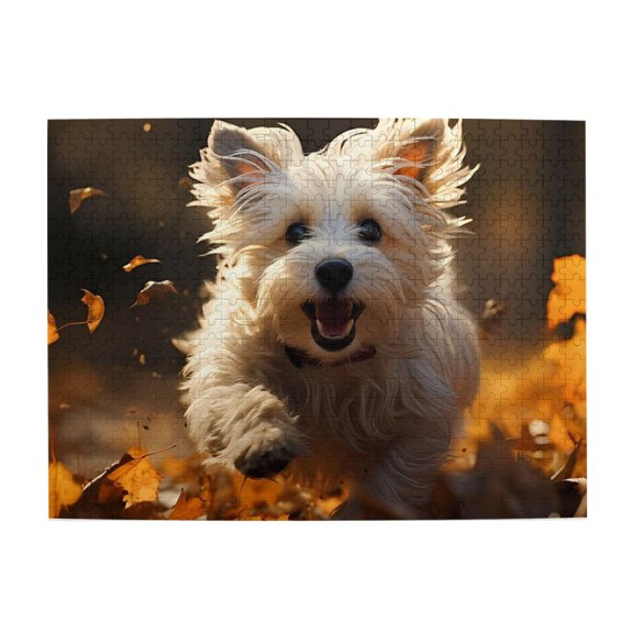500-Piece Wooden Jigsaw Puzzle for Adults & Families - Happy Dog Running Fall Leaves , Fun & Educational Brain-Teasing Game, Artistic Home Decor