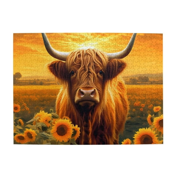 500-Piece Wooden Jigsaw Puzzle for Adults & Families - Highland Cattle Sunflower Field , Fun & Educational Brain-Teasing Game, Artistic Home Decor