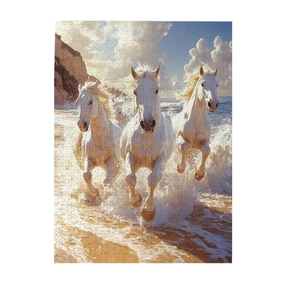 500-Piece Wooden Jigsaw Puzzle for Adults & Families - Horses Ocean Waves Shoreline , Fun & Educational Brain-Teasing Game, Artistic Home Decor