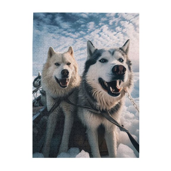 500-Piece Wooden Jigsaw Puzzle for Adults & Families - Husky Dogs Snow Winter , Fun & Educational Brain-Teasing Game, Artistic Home Decor