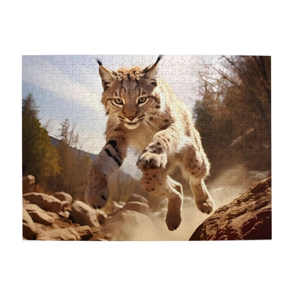 500-Piece Wooden Jigsaw Puzzle for Adults & Families - Lynx Jumping Rocks Wild , Fun & Educational Brain-Teasing Game, Artistic Home Decor