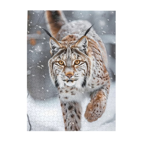500-Piece Wooden Jigsaw Puzzle for Adults & Families - Lynx Winter Snowfall Forest , Fun & Educational Brain-Teasing Game, Artistic Home Decor